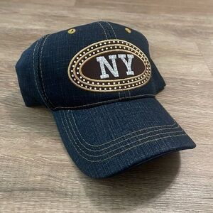 Y2K NWOT NY New York Denim Adjustable Rhinestone Embroidered Cap Dark Blue Retro
